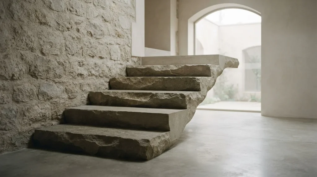 Πέντε διαδοχικά αφαιρετικά αρχιτεκτονικά επίπεδα σε ήρεμο εσωτερικό χώρο.
